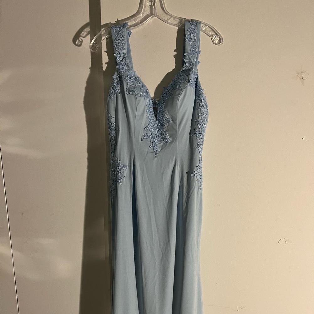 Promlily Blue Long Sheath Stretch Crepe V-Neck
